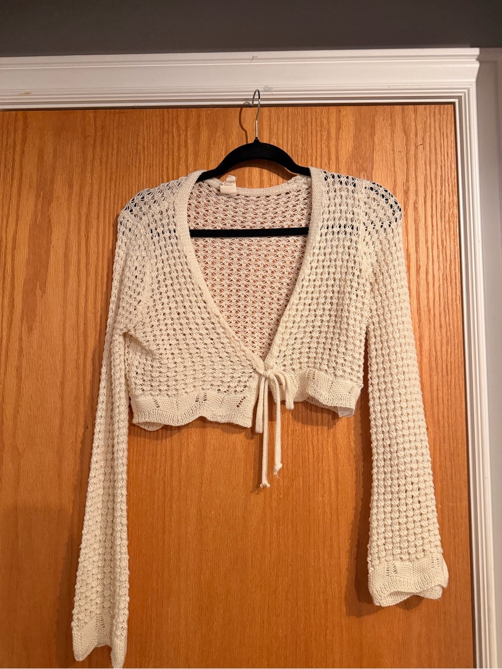 Cropped Cream Open-Knit Tie-Front Cardigan Sweater